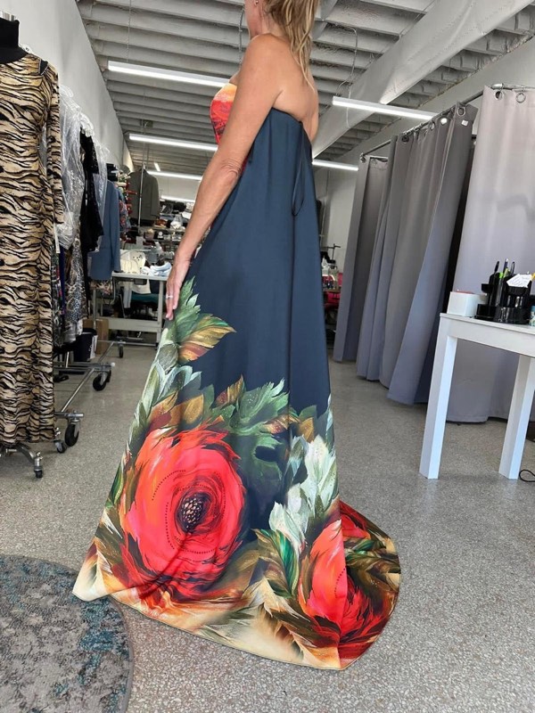 Strapless gown with a painted floral hem