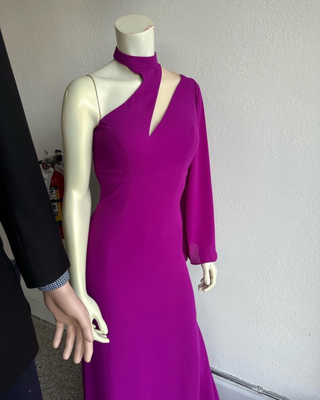Magenta one-shoulder gown with a sheer sleeve